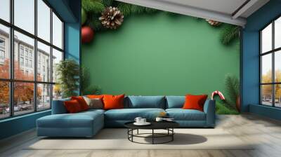 Festive Holiday Greenery with Ornaments and Pinecones Wall mural