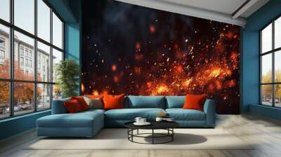 Fire with particles on black background, red fire, fire in the night, Fire flames on black background Wall mural