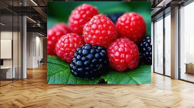 Fresh Raspberries and Blackberries on Green Background Wall mural