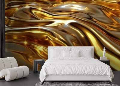 Gold abstract background with liquid metal waves, golden liquid flow. Luxury wallpaper design. Gold abstract background with fluid gold elements. Golden texture for luxury product presentation. Wall mural