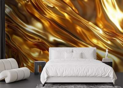 Gold abstract background with liquid metal waves, golden liquid flow. Luxury wallpaper design. Gold abstract background with fluid gold elements. Golden texture for luxury product presentation. Wall mural