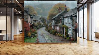 Picturesque Autumn Village in the Misty English Countryside Wall mural