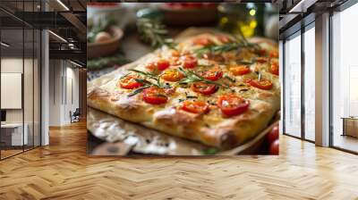 pie with cherry on plate, Italian focaccia bread with rosemary and garlic Wall mural