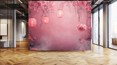 Romantic Floral Background with Lanterns and Fog Wall mural