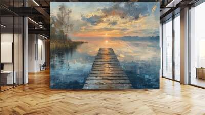 Serene Sunset Reflection on Tranquil Lake Landscape Wall mural