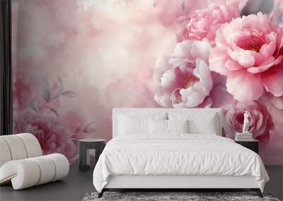 Soft Pink Floral Watercolor Background with Peonies Wall mural