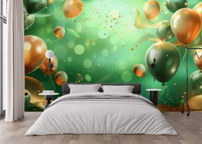 st patricks day balloons on green background with shamrocks  confetti and clover, happy birthday party, christmas, empty space for text , banner, card, green balloons Wall mural