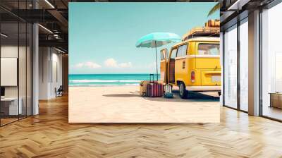 Summer travel , Yellow car van with luggage for summer holidays , Beach sea view , Vacation Wall mural