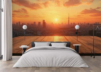 Sunset over City Skyline with Empty Wooden Table Wall mural