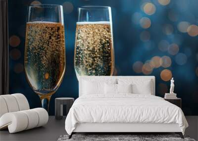 Two glasses of champagne clinking, with sparkling bubbles in the glass on dark blue background.for festive  for Christmas or other special events, copy space Wall mural