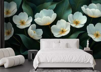 White Tulips on Green Foliage Wall mural