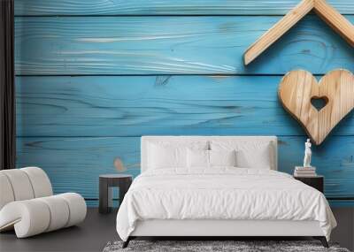 Wooden Heart on Blue Wood Background Wall mural