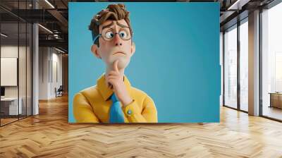 3d render Cartoon character cute young man isolated on blue background Serious guy thinking pose Caucasian male wears yellow shirt and blue tie Problem and doubt concept Wall mural