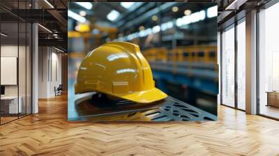 A bright yellow safety helmet placed on a metal surface in a modern industrial environment, representing safety and responsibility in the workplace. Wall mural