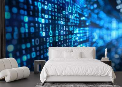 A close-up image of binary code in glowing blue representing data, cybersecurity, or information technology Wall mural