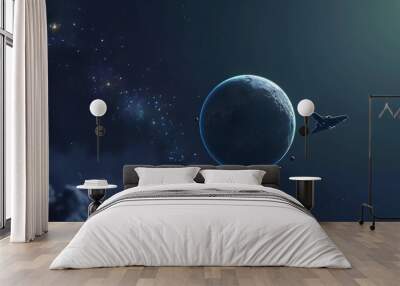 A spacecraft ventures through the depths of space with distant planets and a vibrant star field. This image captures the vastness and mystery of the cosmic universe in a striking way. Wall mural