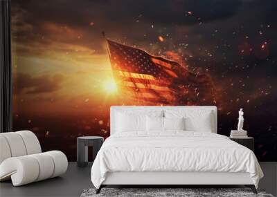 A striking image of the American flag proudly waving surrounded by sparks and a radiant light, symbolizing freedom, strength, and resilience in a dramatic sunset setting. Wall mural