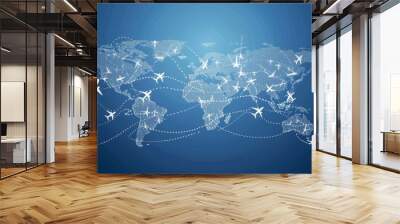 A stylized world map with dotted flight paths and airplane icons over a dark blue background Wall mural