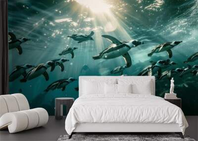 A vibrant underwater scene of a school of penguins diving gracefully in the sunlit ocean Wall mural