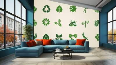 An array of elegant green icons that represent different aspects of ecology and the natural world Wall mural