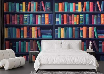 An illustration depicting multiple shelves loaded with various colorful books. The lively design brings out a sense of abundance and knowledge, perfect for a bibliophile. Wall mural