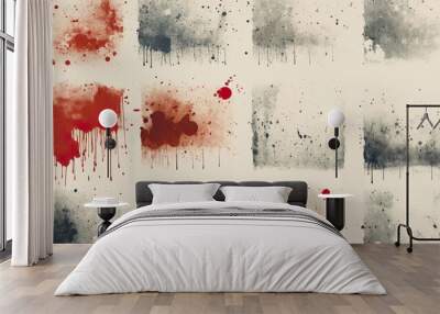 Artistic display of red and grey watercolor splatters creating a grungy abstract effect Wall mural