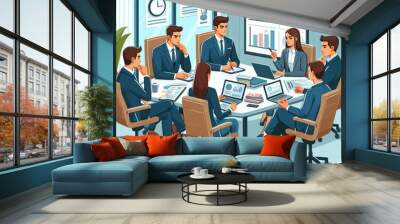 Business meeting brainstorming team of people working at office Corporate communication men and women sitting negotiating studying cartoon style Wall mural