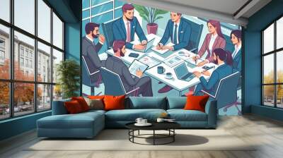 Business meeting brainstorming team of people working at office Corporate communication men and women sitting negotiating studying cartoon style Wall mural