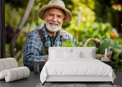 Cheerful Gardener with Basket of Fresh Produce Wall mural