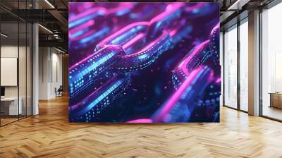 Close-up view of neon chains featuring detailed digital patterns, capturing the essence of futuristic technology and connectivity in a vibrant, abstract style. Wall mural