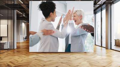 High five, team and support with business people and success, celebrate winning and solidarity with teamwork. Diversity, celebration and collaboration with happy employee group, applause and winner. Wall mural