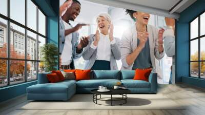 High five, team and support with business people and success, celebrate winning and solidarity with teamwork. Diversity, celebration and collaboration with happy employee group, applause and winner. Wall mural