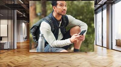 Phone, hiking and man in nature for a gps location, travel and freedom in mountains of Peru during a holiday. Young, thinking and Asian man with a mobile for communication while trekking in a forest Wall mural