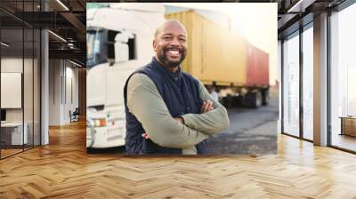 Delivery, container and happy truck driver moving industry cargo and freight at a shipping supply chain or warehouse. Smile, industrial and black man ready to transport ecommerce trade goods or stock Wall mural