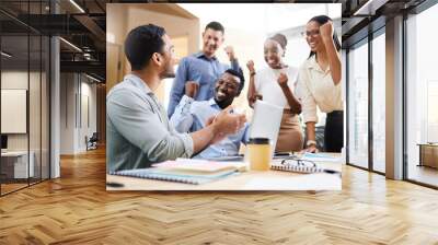 You did it again. Cropped shot of a diverse group of businesspeople cheering while sitting in the boardroom during a meeting. Wall mural