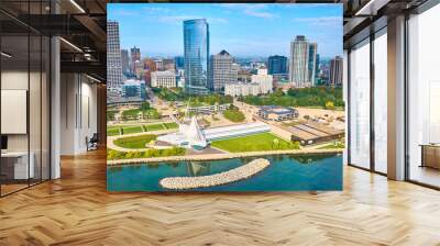 Aerial Milwaukee Skyline with Quadracci Pavilion and Lakefront Wall mural