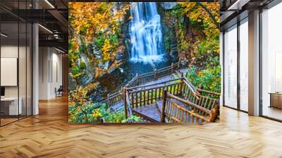 Boardwalk stairs lead down to stunning large waterfall over cliffs surrounded by yellow fall foliage Wall mural