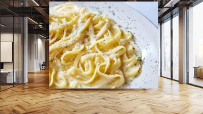 Dinner lunch Italian alfredo pasta food dish parsley on white plate white background asset Wall mural