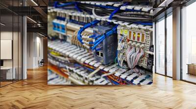 Industrial Ethernet Switch and Wiring Close-Up in Server Room Wall mural