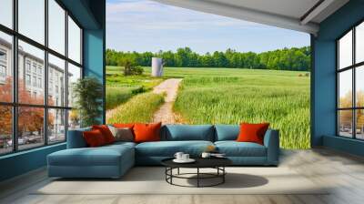 Maintenance road leading to abandoned farm silo type equipment surrounded by green fields Wall mural