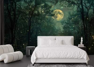 Magical sunlight in the foggy sunny forest landscape with firefly light Lovely fairytale woodland Wall mural