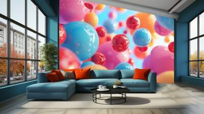 Many rainbow gradient random bright soft balls background. Colorful balls background for kids zone or children's playroom. Huge pile of colorful balls in different sizes. Wall mural