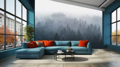 Pine forest in early morning fog 2 Wall mural