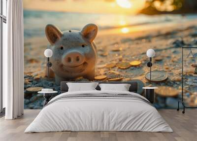 Pink piggy bank with coin on table in home room Wall mural