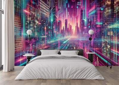 Retro-Futuristic Grid: Vaporwave Cybernetic Background with Neon Colors and Digital Matrix Elements Wall mural