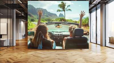 Road trip car holiday happy friends driving convertible car on summer travel Hawaii vacation. Wall mural