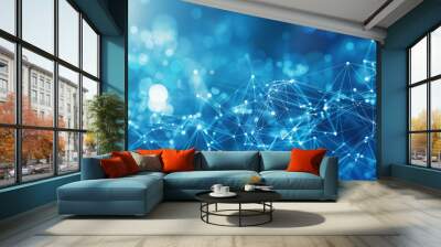 Shimmering light effects create a bokeh style on a network of digital nodes and connections against a blue background Wall mural