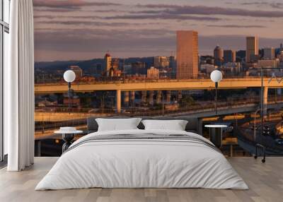 Panoramic image of the city of Portland Oregon at golden hour sunset Wall mural