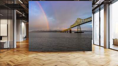 Rainbow over river and bridge in Astoria, Oregon Wall mural