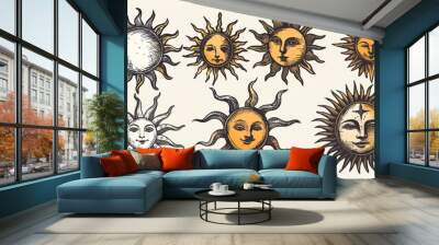 This image features an array of intricately detailed sun sketches, each displaying different facial expressions and unique artistic styles, emphasizing diversity and creativity. Wall mural